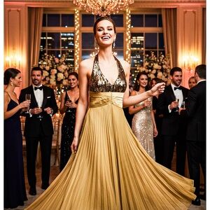 Gold Sequin Halter Gown Maxi Dress Pleated Formal Evening Gala Prom Size 8